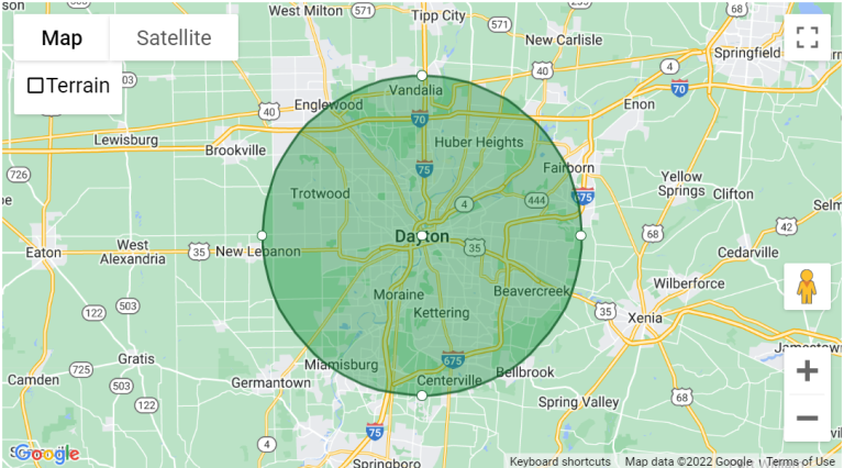 Shaded map of the ProStratus service area around Dayton, Ohio.