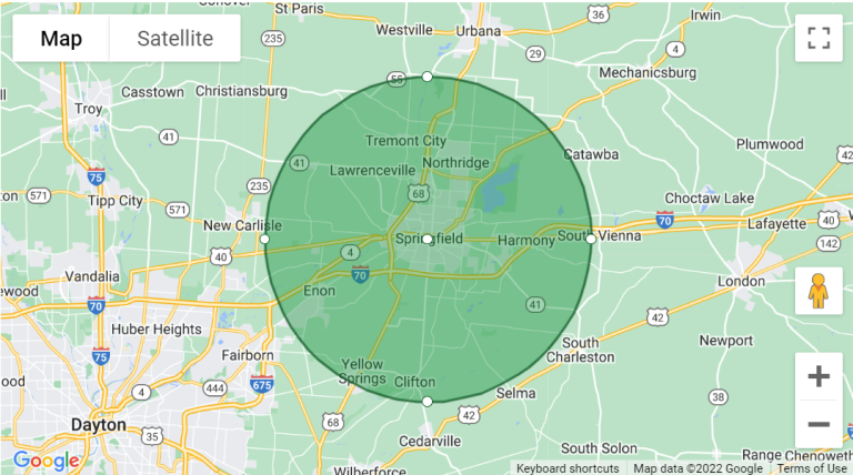 Shaded map of the ProStratus service area around Springfield, Ohio.
